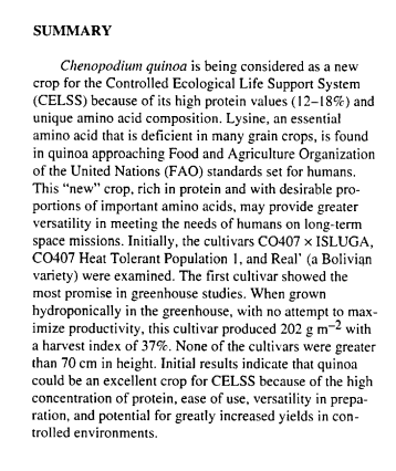 Mat for nerder: Sammendraget fra "Quinoa: an emerging "new" crop with potential for CELSS" slår fast at quinoa er topp rom-mat.